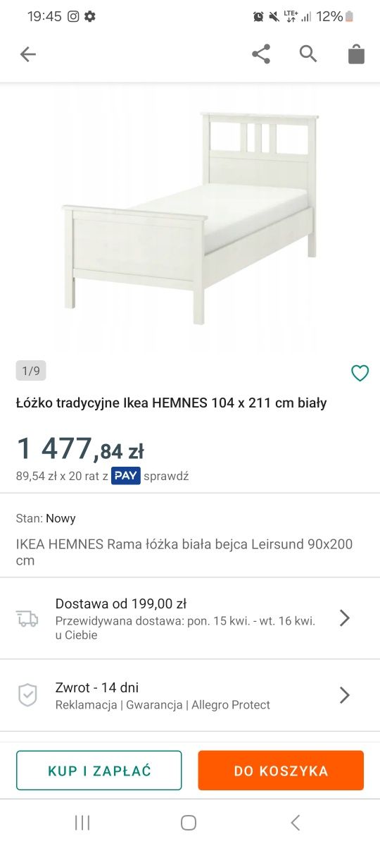 Hemnes 200x90 łóżko