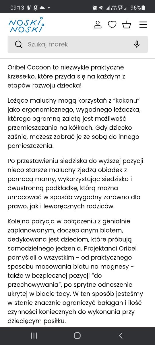 Oribel: krzesełko do karmienia Cocoon