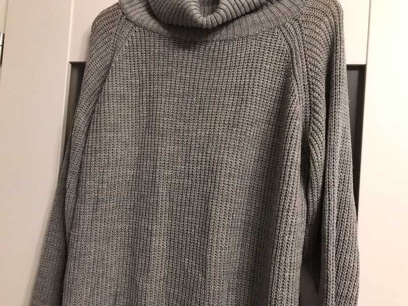 długi szary sweter z golfem dzianinowy pleciony długi rękaw S M
