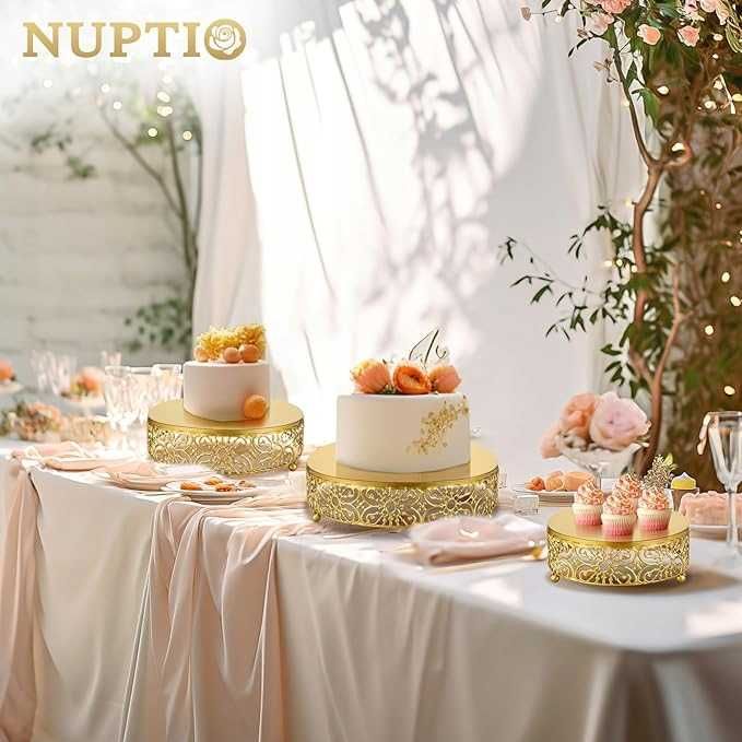 Piękna Patera Stojak na tort babeczki Ciasto Złota Komplet 3 Sztuki