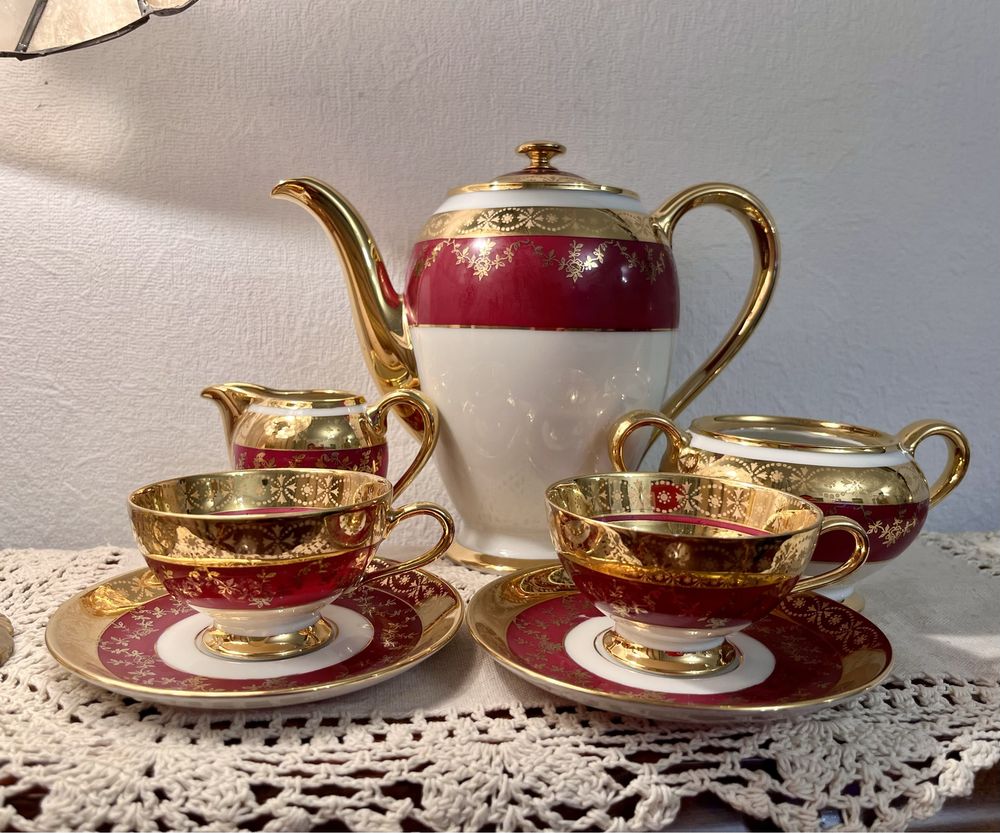 Elegancki CARLSBAD GLORIA Złoty Mocca Serwis filiżanka dzbanek Vintage