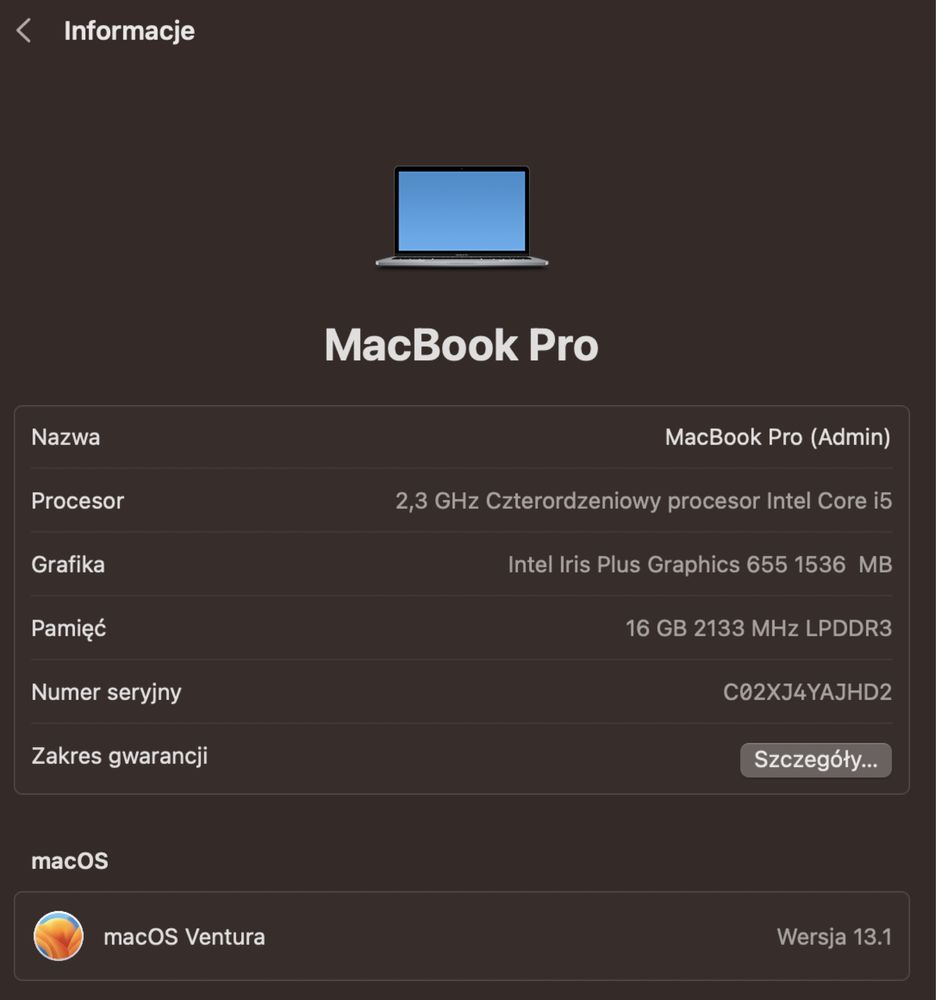 MacBook Pro 13” 2019 (i5,16GB RAM, 256 SSD)