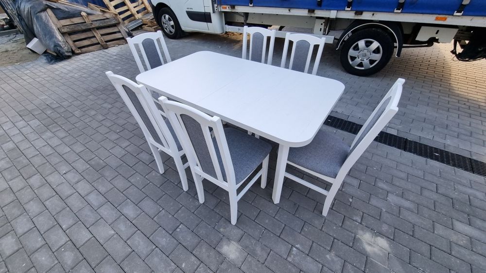 Nowe: Stół rozkładany + 6 krzeseł,  biały + szary, dostawa cała POLSKA