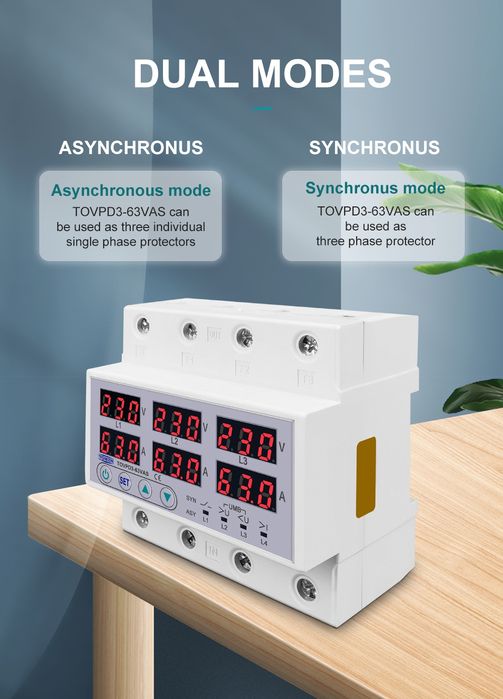 Цифрове  реле напруги 3x фазне TOMZN TOVPD3-63VAS 63А 3Р+N SYN ASYNC