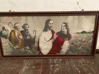 Jezus z apostołami 120x59 cm obraz stary oleodruk w świetnym stanie