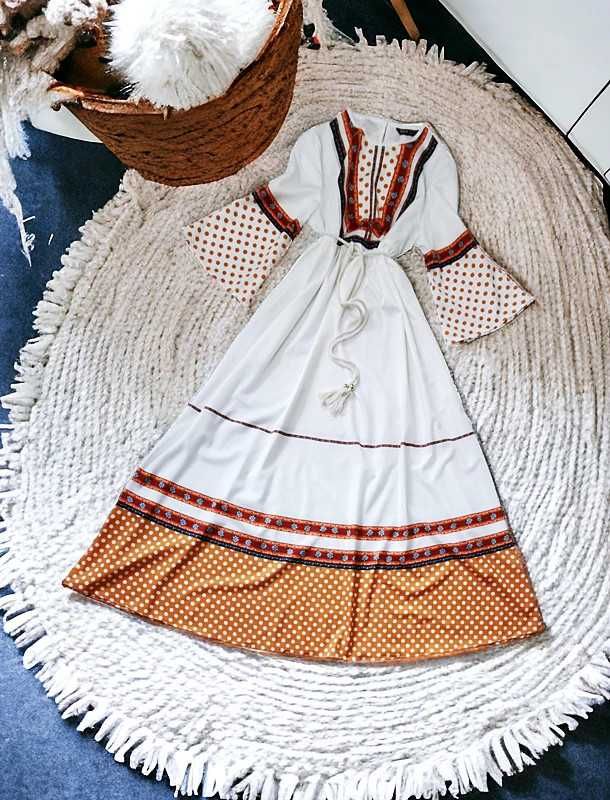 Długa Sukienka Maxi Grochy Wzory Boho Hippie Folk Etno Retro Oversize