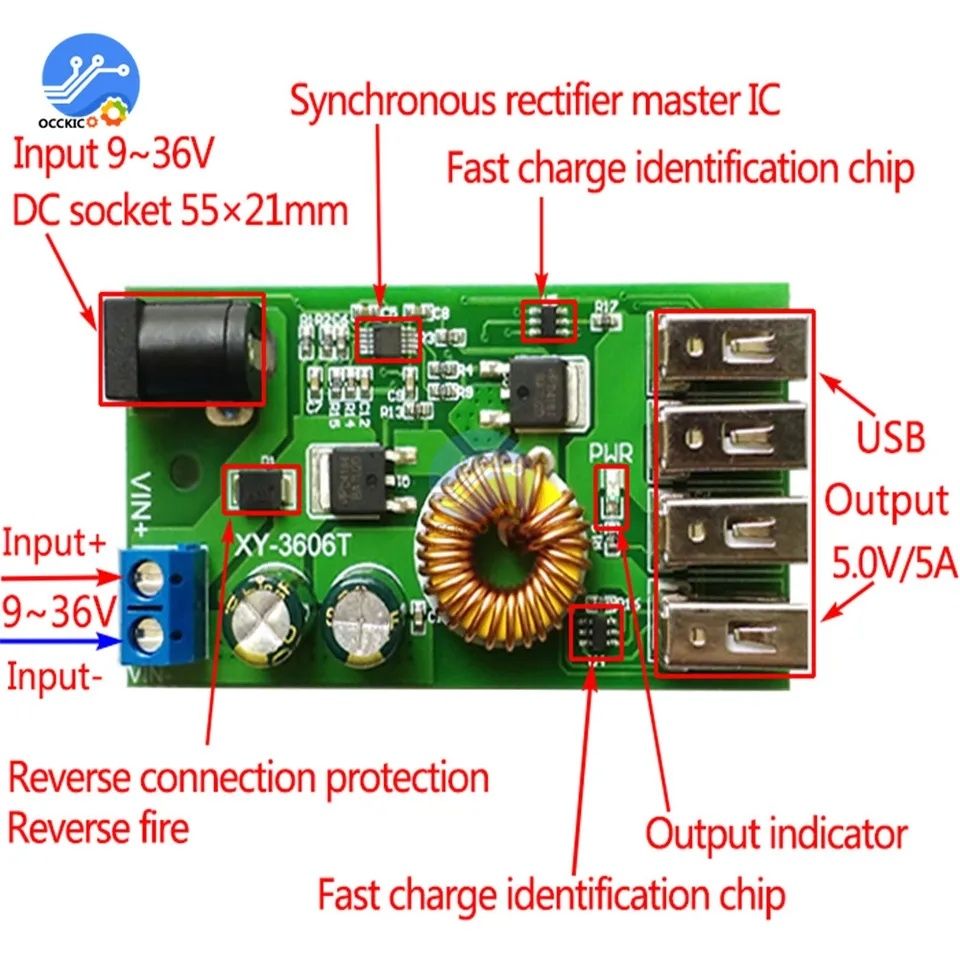 Понижающий модуль, преобразователь питания, зарядка 4 USB. 5Aмпер