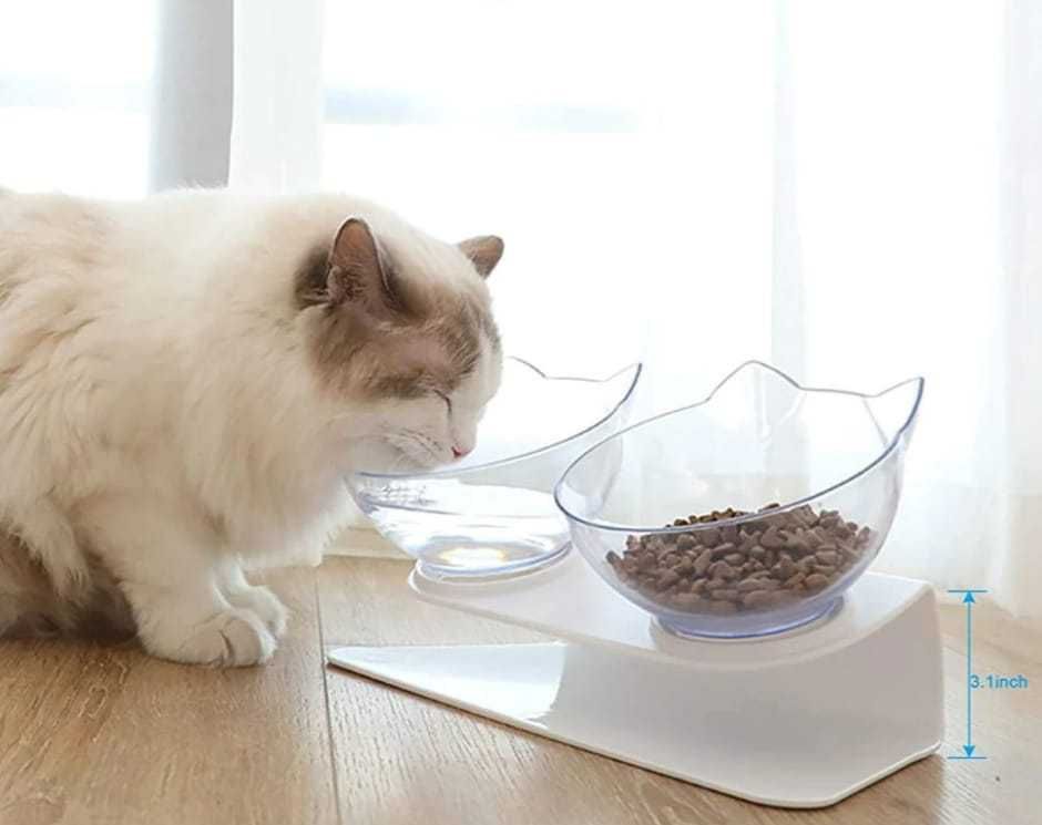 podwójna miska na stojaku dla kota na wodę i karmę