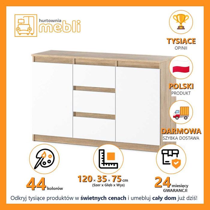 Komoda Nowoczesna Agnes 120cm Pojemna Szafka Do Salonu 3 Szuflady Duża
