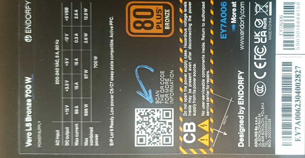 Zasilacz Endorfy Vero L5 700W 80 Plus Bronze — sprawny zasilacz
