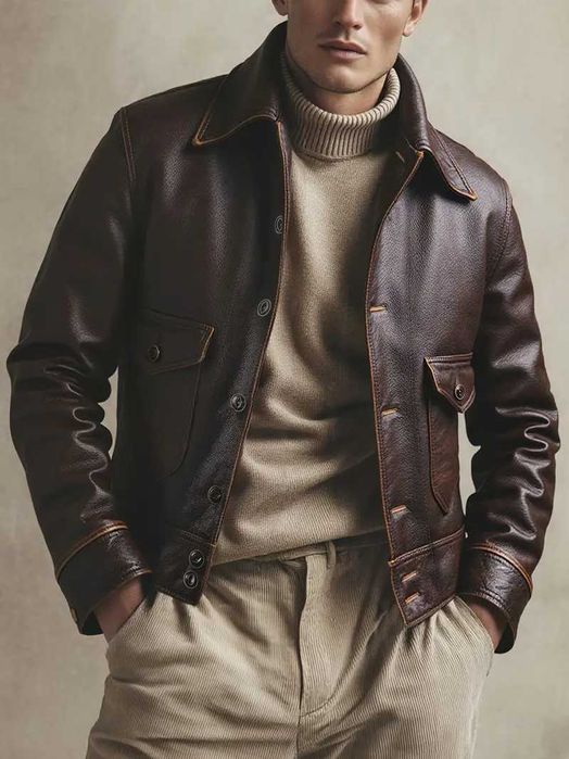 Męska kurtka vintage, brązowa kurtka typu bomber z zapięciem na guziki