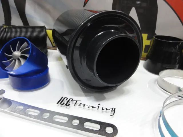 Filtro de ar universal em carbono verdadeiro estilo BMC + ventoinha + tubo flexivel