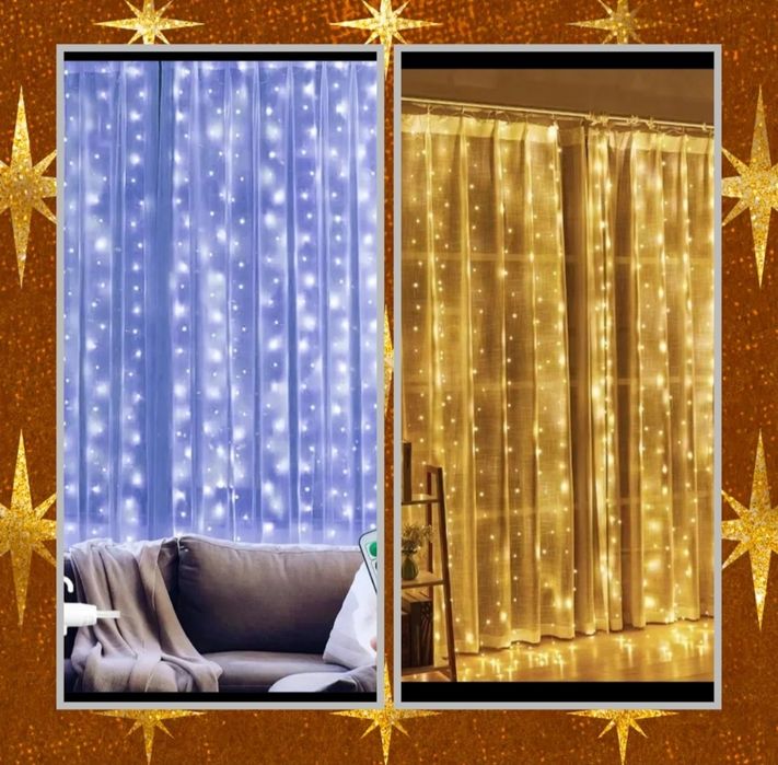 Гирлянда водопад 2×3 штора  на проволке  , usb или повербанк подключен