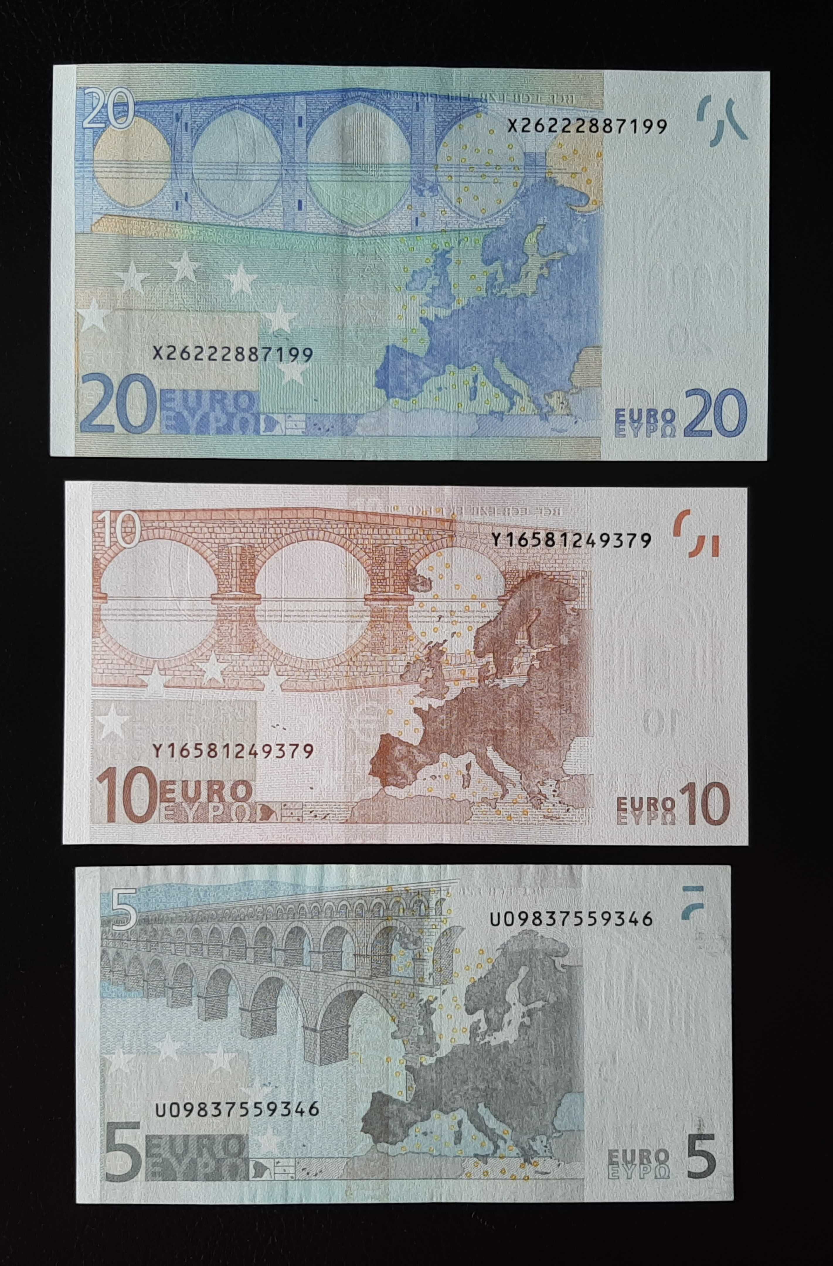 Set de Notas 20, 10 e 5 Euros de 2002 - As Primeiras de Euros Novas