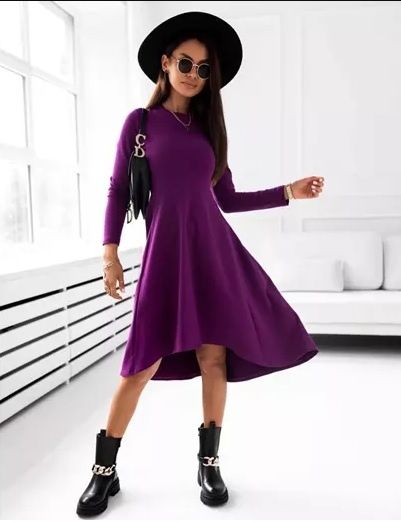 Asymetryczna sukienka z długim rękawem z bawełny- fioletowa