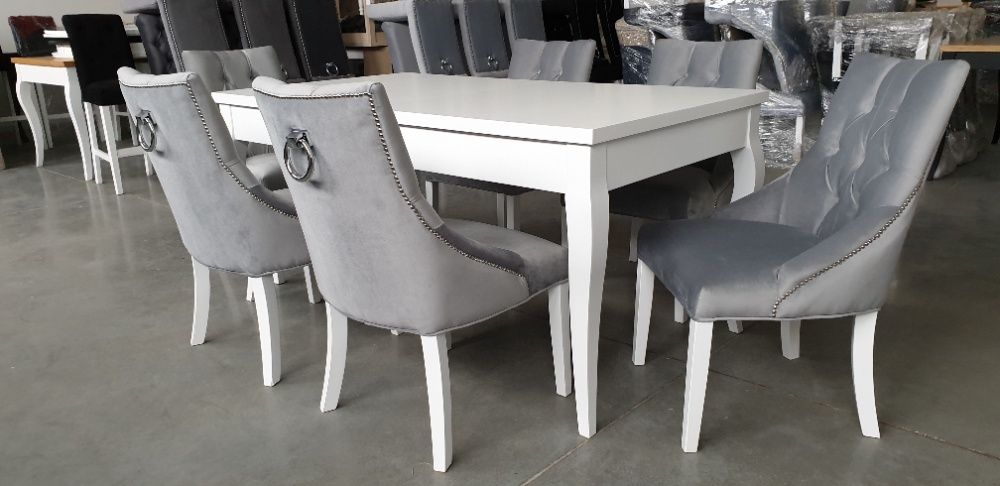 Zestaw stół +6 krzeseł Chesterfield z kołatką pikowany biały producent