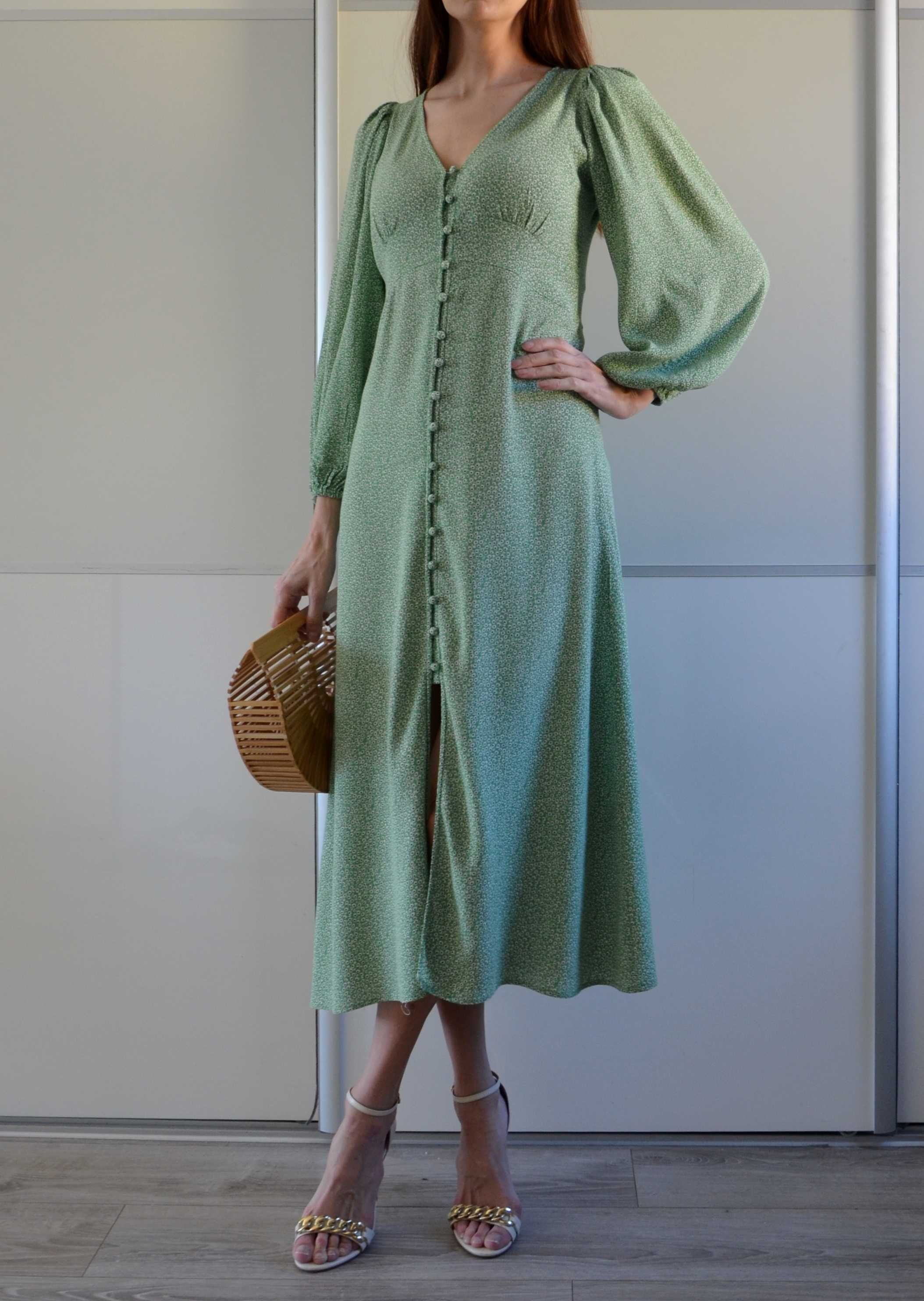 H&M długa zielona sukienka kwiaty guziki wiskoza floral green 36 S