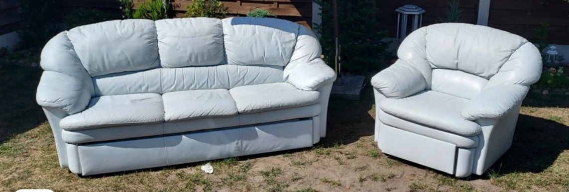 Zestaw skóra naturalna fotel i sofa rozkladana