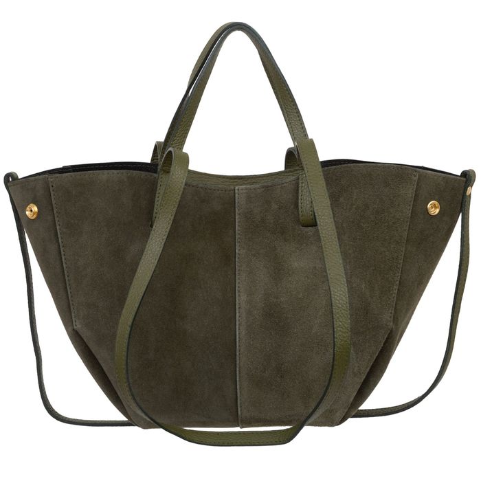 VERA PELLE torebka zamszowa shopper mała rozpinana V686 oliwkowa