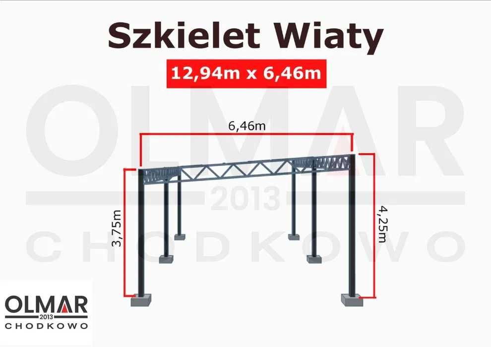 Szkielet wiaty, garażu 12,94m x 6,46m.