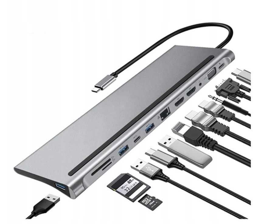 Hub USB USB-C MST 12w1, HDMI, VGA, LAN, USB, AV przejściówka