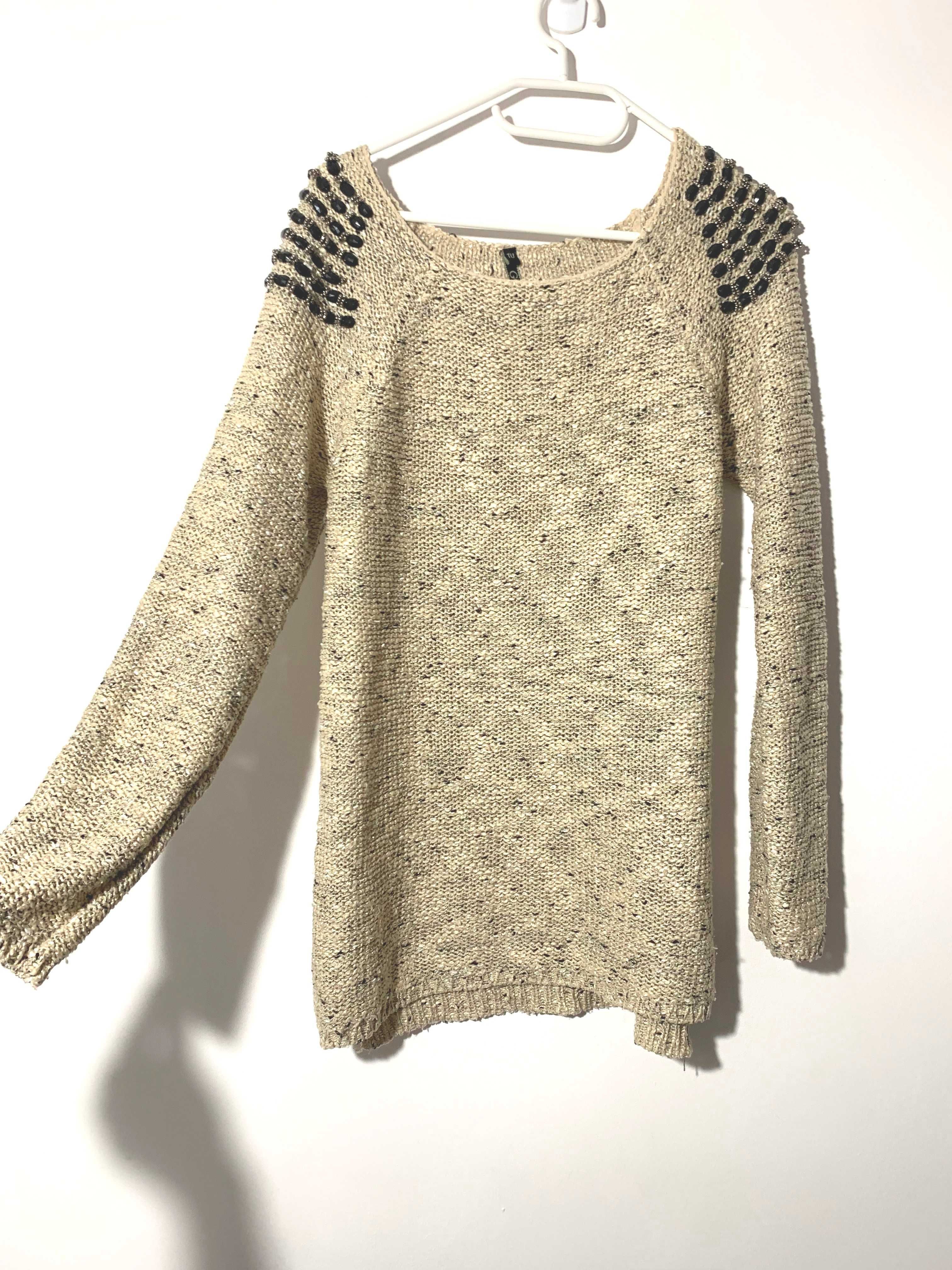 sweter beż nude S M 38 w łódkę z kamieniami koraliki boho hippie etno