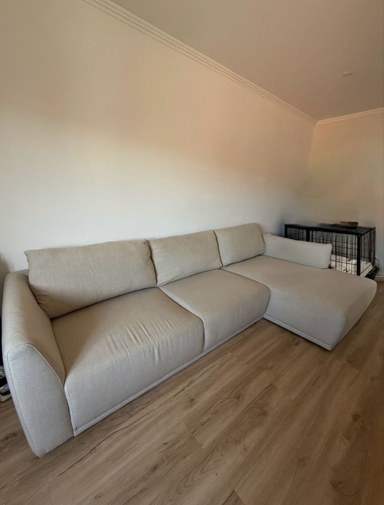 Sofá Chaise Longe Beje 3 Lugares