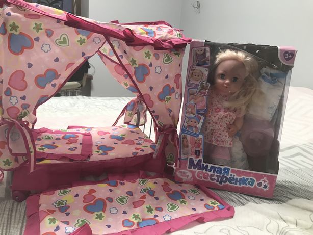 Набор функциональная кукла  сестренка  +Кроватка железная на колесах