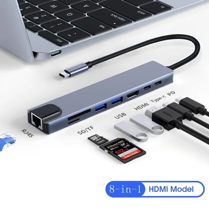 Hub Хаб 8в1 для Macbook, Ноутбук HDMI USB 3.0 TypeC Ethernet RJ45 Hub