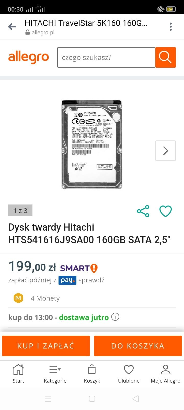 Sprzedam HTS541616J9SA00 – dysk twardy Hitachi 160 GB 5400 obr./min SA