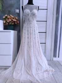 suknia wizytowa rozmiar l 40 błyszcząca ślubna z kryształkami rybka