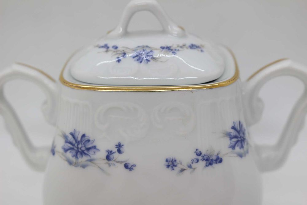 Açucareiro Moldado Flor Azul e Cinza Fio a Ouro Vista Alegre 1992