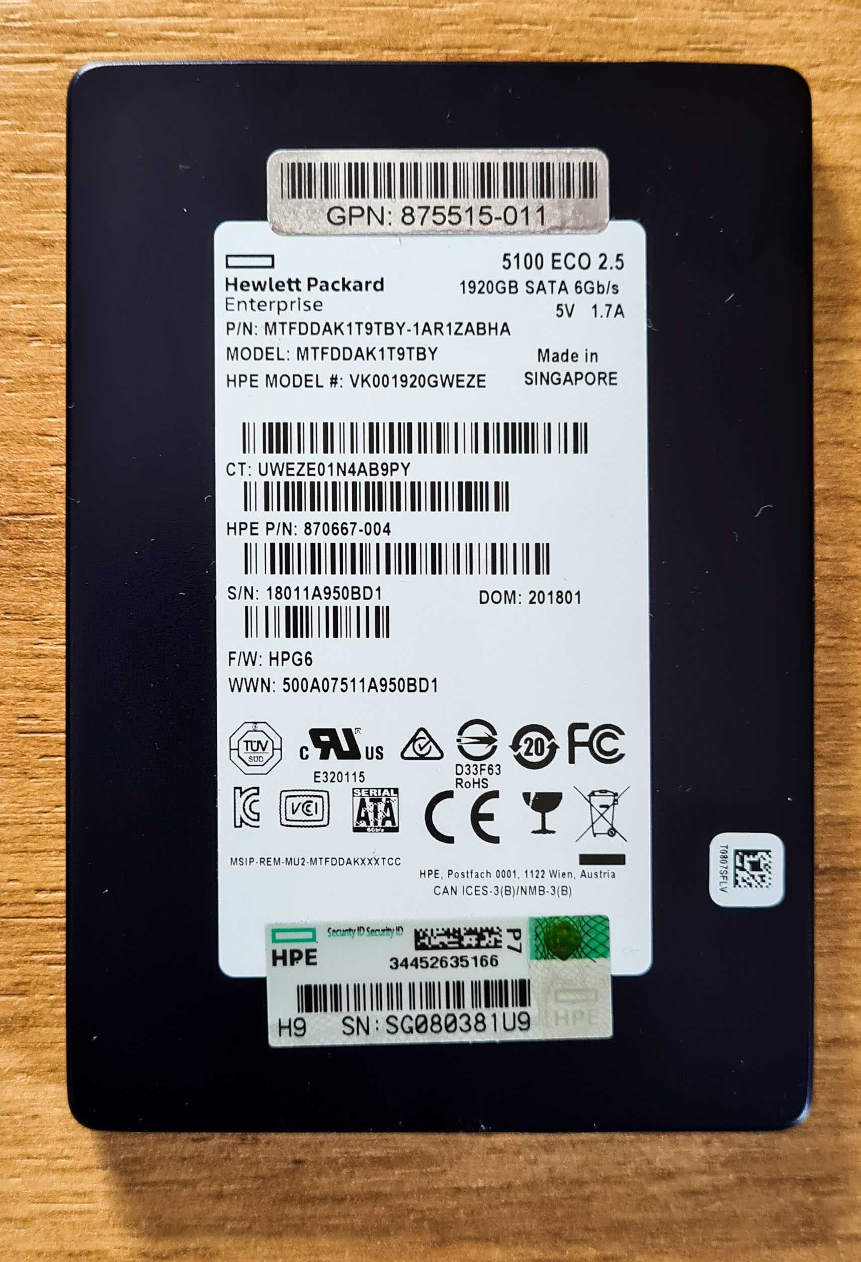 SSD диск HP Enterprise Micron 1920GB SATA 2.5" 5100 ECO MTFDDAK1T9TBY