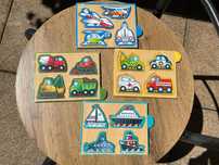 Drewniane puzzle Melissa&Doug–4 układanek pojazdów+drewniane pudełko