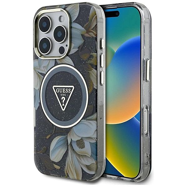 Etui Guess Glitter Flowers Triangle Buttons MagSafe do iPhone 16 Pro c