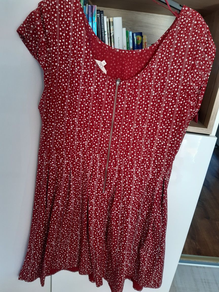 Bordowa sukienka 42 / 44 c&a bordo kwiaty wiosenna z krótkim rękawem