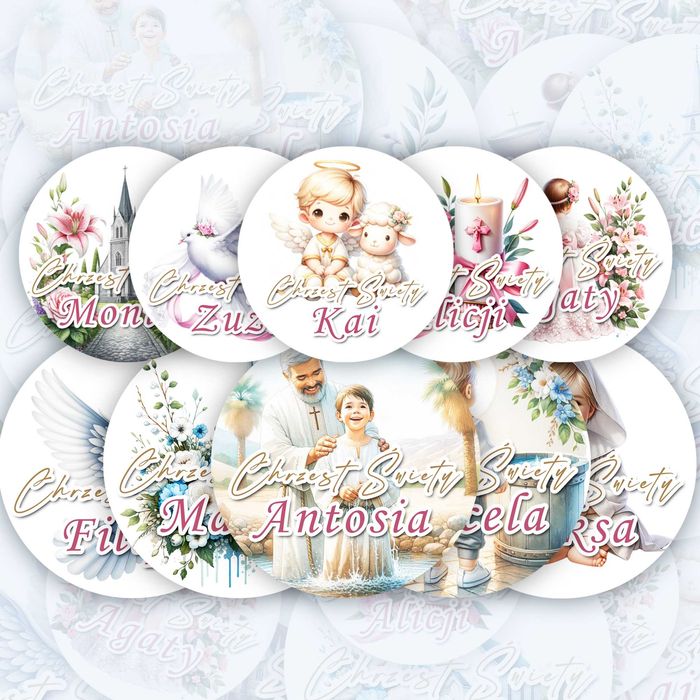 Naklejki okrągłe 50mm na CHRZEST ŚWIĘTY PODZIĘKOWANIE - 24szt