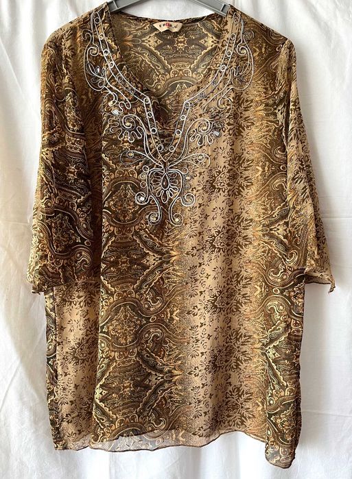 Zwiewna wzorzysta tunika boho XL-XXL (44-46) rękaw 3/4