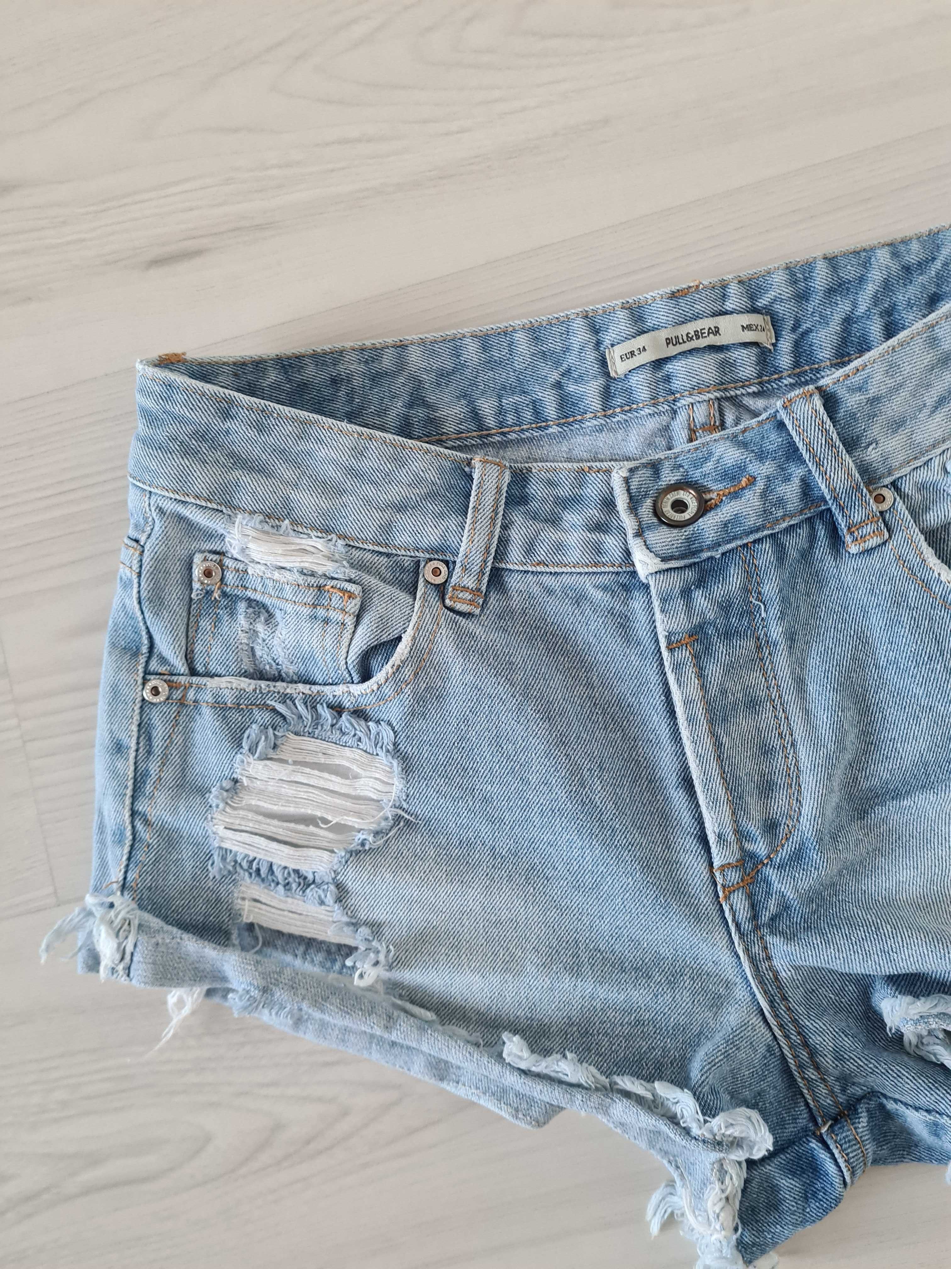 Jeansowe szorty przecierane 34 wysoki stan spodenki jeans s pull bear