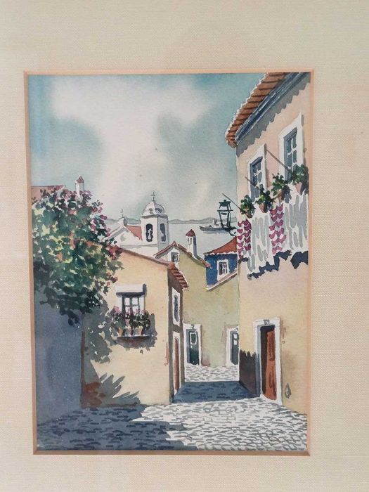 Quadro aguarela original vintage assinada emoldurada, de Lisboa Alfama