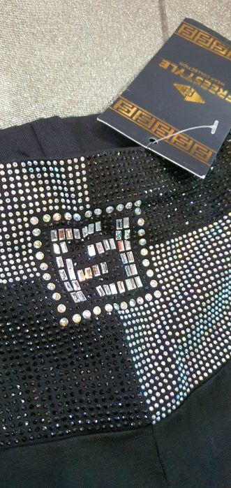 Śliczne czarne legginsy zdobione szeroki cyrkoniowy pas wysoki stan  S