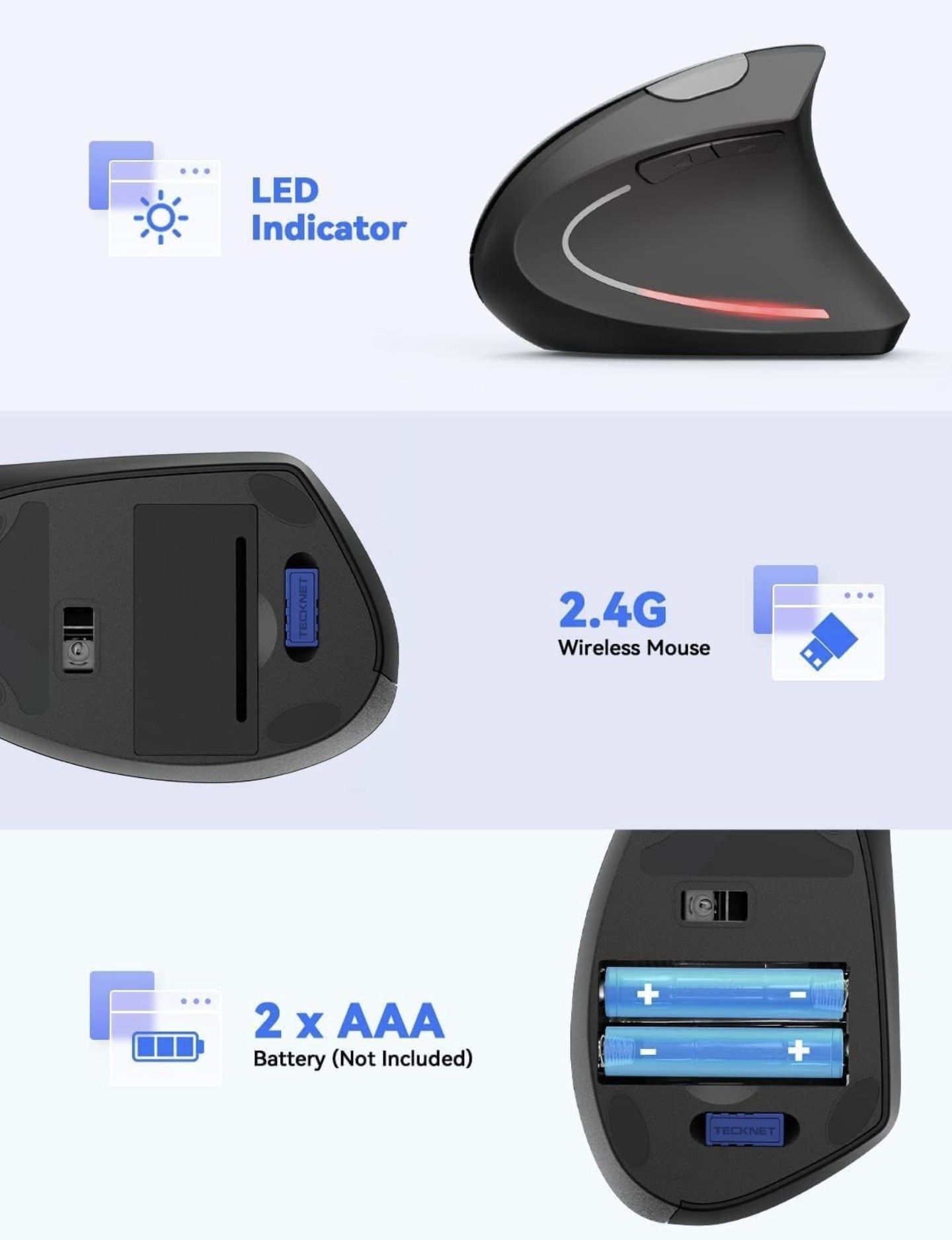 TECKNET Ergonomiczna mysz, 4800 DPI bezprzewodowa
