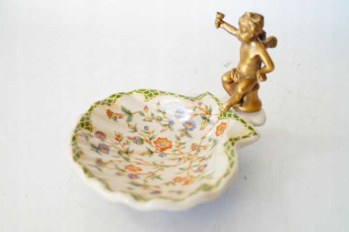 Mydelniczka paterka z aniołkiem porcelana + brąz