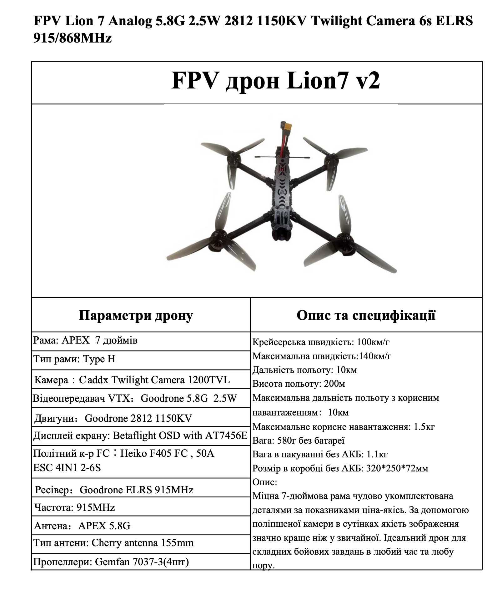 FPV Lion 7 Analog 5.8G 2.5W 2812 1150KV Twilight Camera 6s ELRS ОПТ!