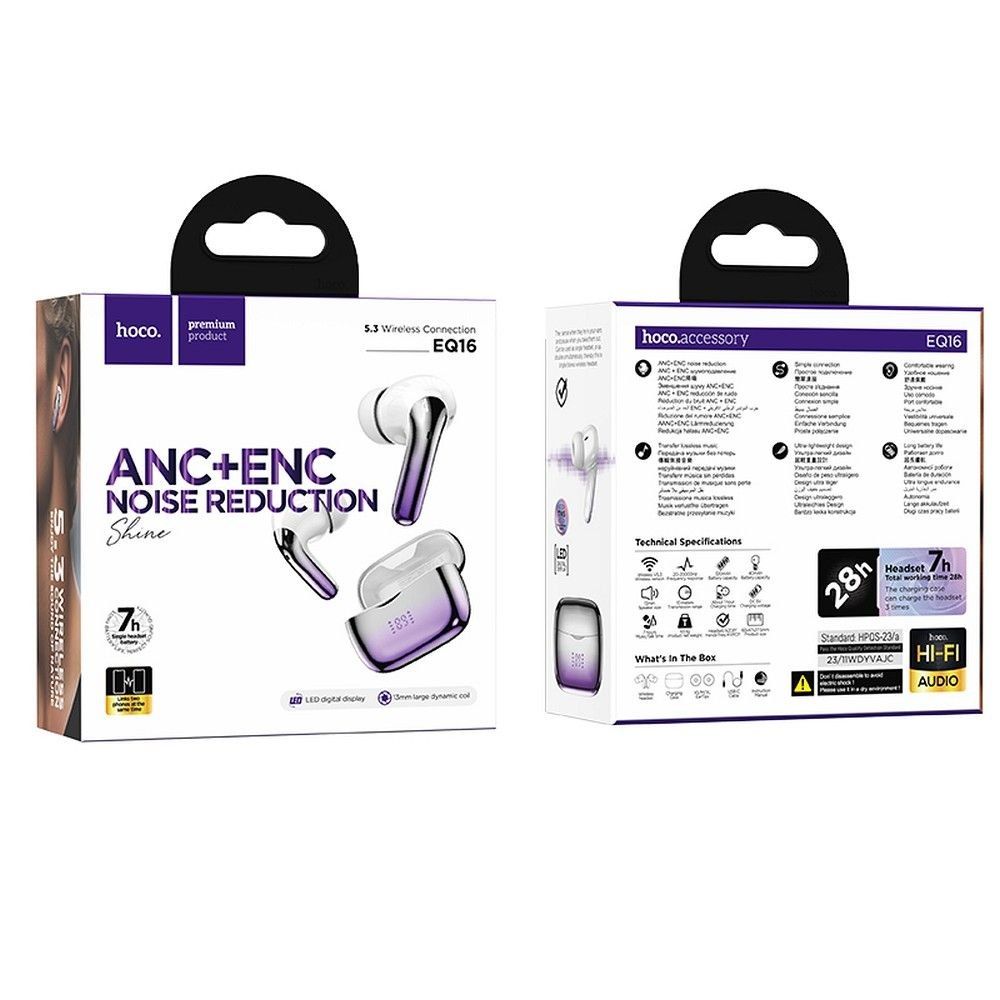 HOCO słuchawki bezprzewodowe bluetooth TWS ANC + ENC EQ16 fioletowe