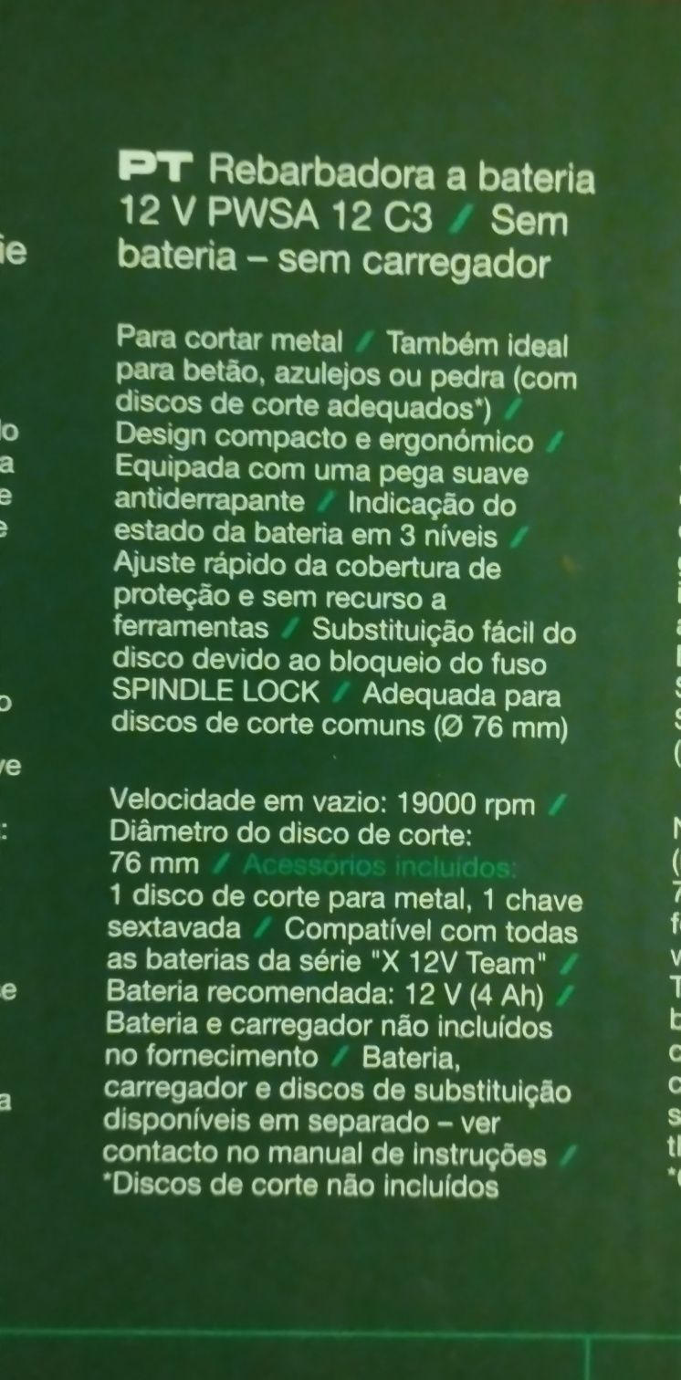 Rebarbadora Parkside 12v com bateria 4Ah e carregador 

Nova na caixa,