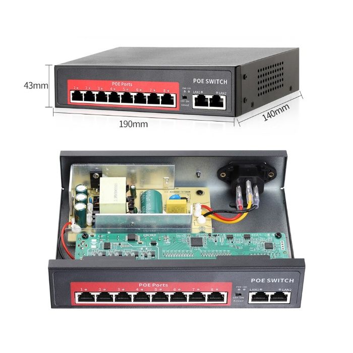 Switch PoE » rede Ethernet » 48v » com 8 mais 2 portas » CCTV