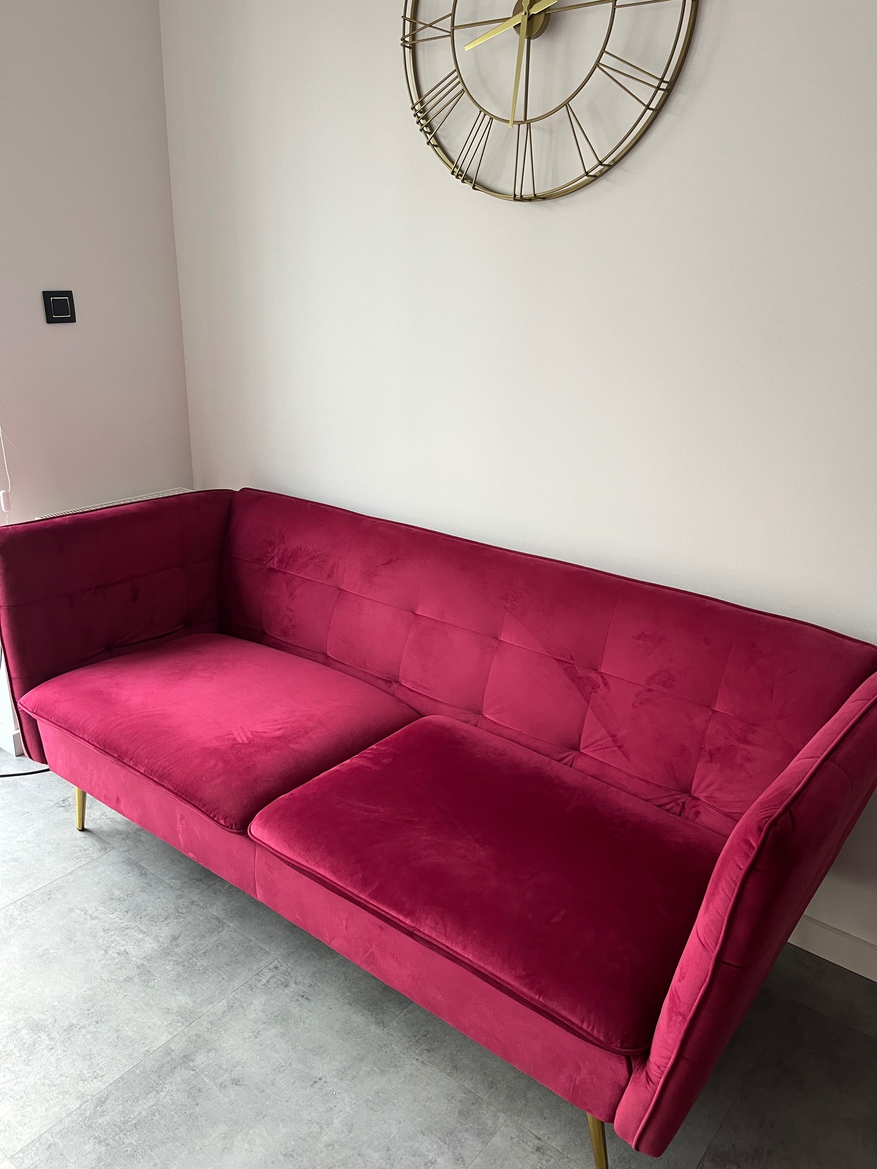 Sofa 3-osobowa welurowa bordowa / burgundowa+ taboret