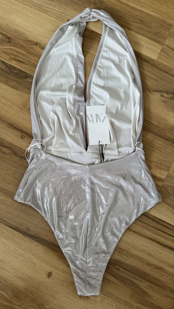Nowe body strój kąpielowy srebrne ZARA odkryte plecy S 36