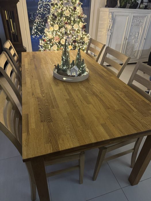 Stół bębowy z  6 dębowymi krzesłami